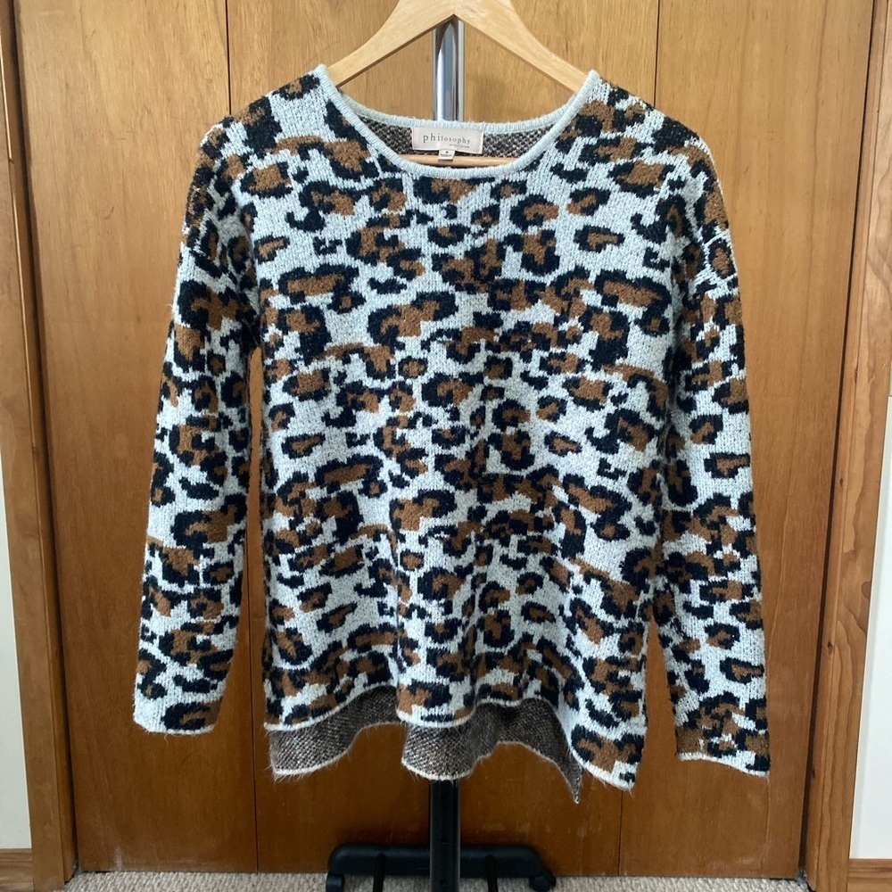 Philosophy Womens Brown Shirt Cheetah Print Long Sleeve Crew Neck Size s